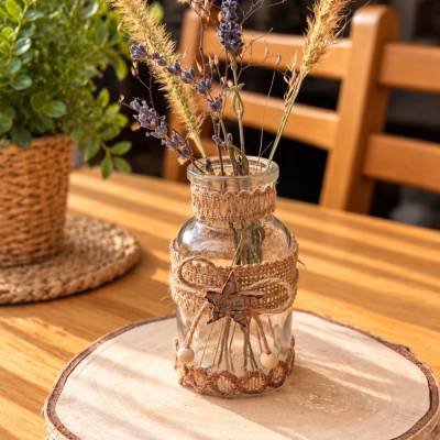 Handgefertigte Glasvase im Boho-Stil | Kleine Vase mit Holzstern | Naturdeko | Tischdeko | Geschenkidee