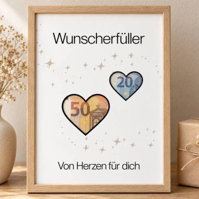 Wunscherfüller Geldgeschenk – neutrale PDF zum Ausdrucken mit Herzen | Geschenk für jeden Anlass