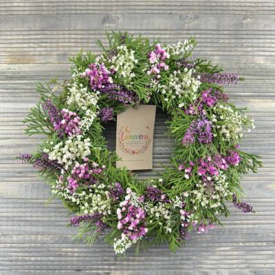 Handgemachter Herbstkranz mit Heidekraut & frischer Thuja I Türkranz & Tischdeko Rosa- Weiß