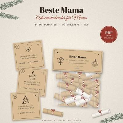 Adventskalender für Mama zum Ausdrucken – 24 Botschaften + Tütenklappe | Beste Mama | PDF