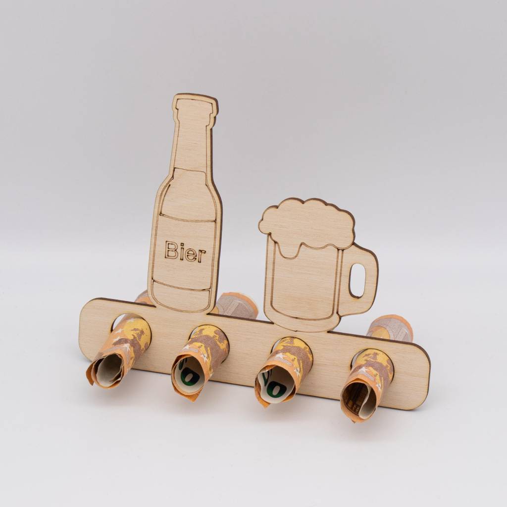 Geldscheinhalter Bierflasche mit Bierkrug aus Birkenholz – 4 Öffnungen