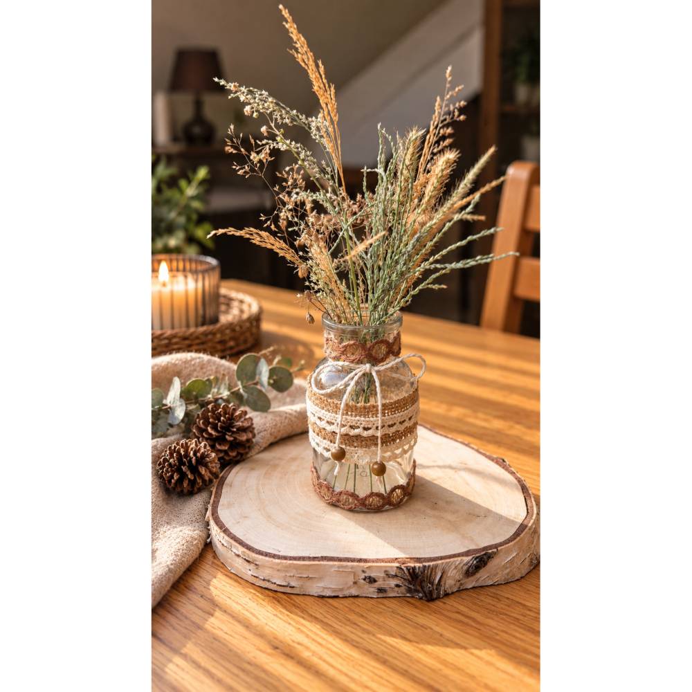 Handgefertigte Glasvase im Boho-Stil | Kleine Vase mit Holzperlen | Naturdeko | Tischdeko