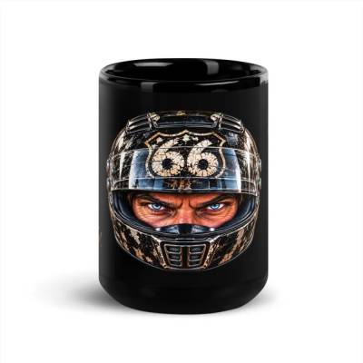 Route 66 Biker Tasse 15 oz – Motorradhelm mit blauen Augen – Schwarze Keramiktasse für Motorradfahrer