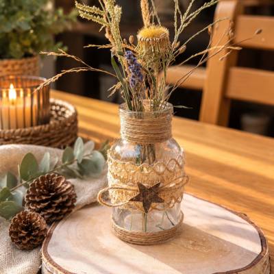 Handgefertigte Glasvase im Boho-Stil | Kleine Vase mit Holzstern | Naturdeko | Tischdeko | Geschenkidee