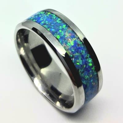 Edelstahlring mit Regenbogenopal – Blau