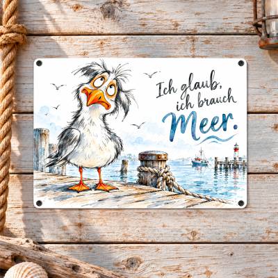 Maritimes Dekoschild 'Ich glaub, ich brauch Meer.' mit Möwe | Aluminium, 28 x 20 cm