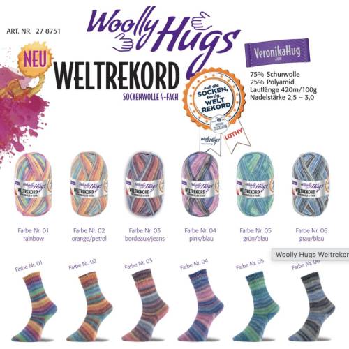 Woolly Hugs Sockenwolle Weltrekord Edition | 4-fach Sockengarn 100 g | Farbverlauf Wolle für Socken & Strickprojekte