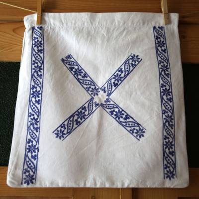 Vintage Stoffbeutel mit blauem Aufdruck