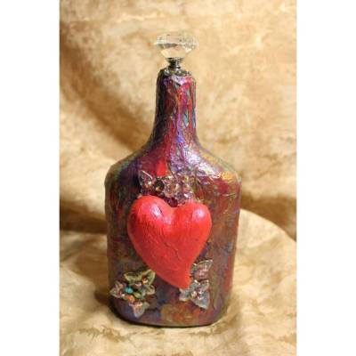 Dekoflasche Wohndekoration HERZ & REGENBOGEN Upcycling Flasche Flaschenkunst Dekoration Collage Deko Kunst