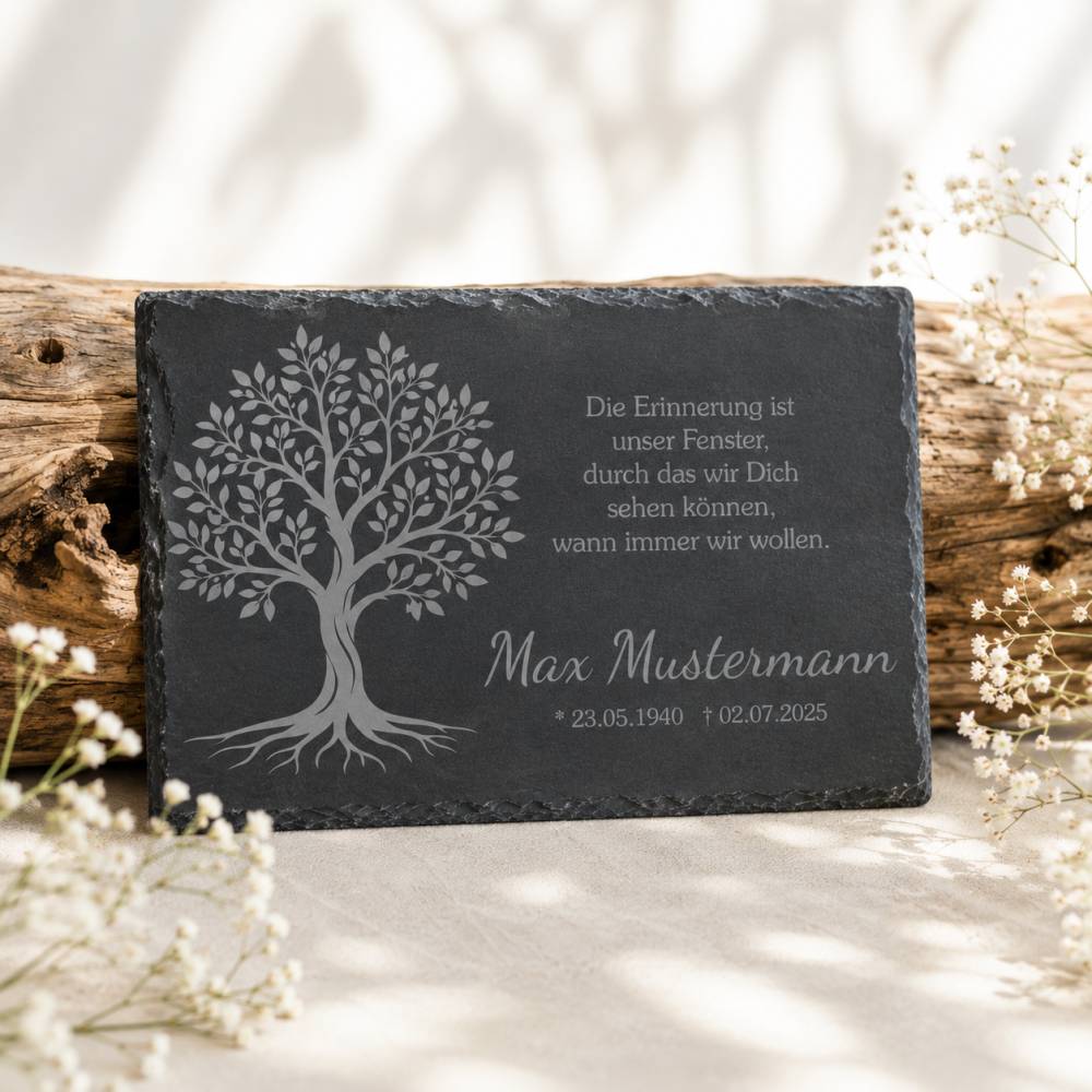 Personalisierte Schiefertafel mit Namen & Datum – Gedenktafel für Grab – Wetterfeste Grabdekoration – Lebensbaum Bild 1