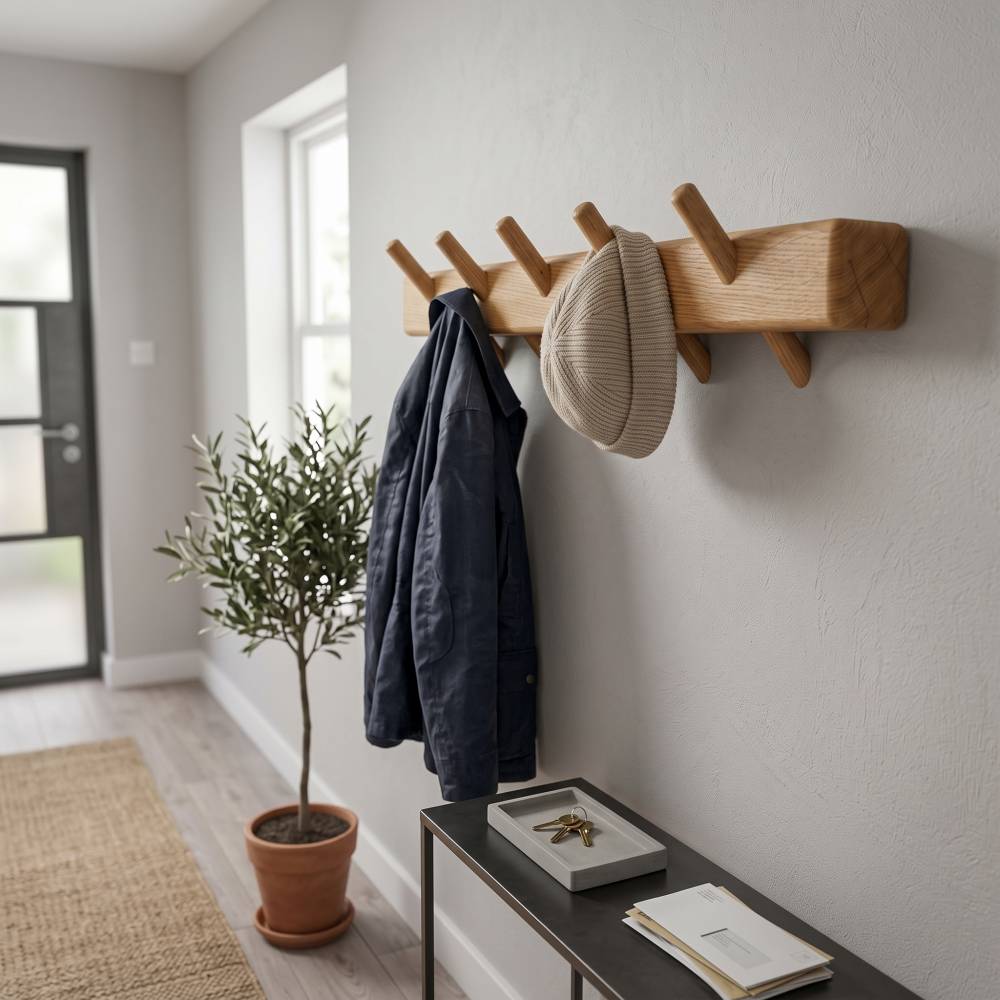 Moderne Wandgarderobe aus Holz mit 5 Haken (40 cm)