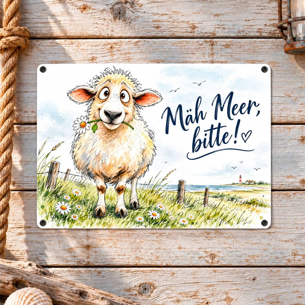 Maritimes Dekoschild 'Mäh Meer, bitte!' mit Schaf | Aluminium, 28 x 20 cm Bild 1