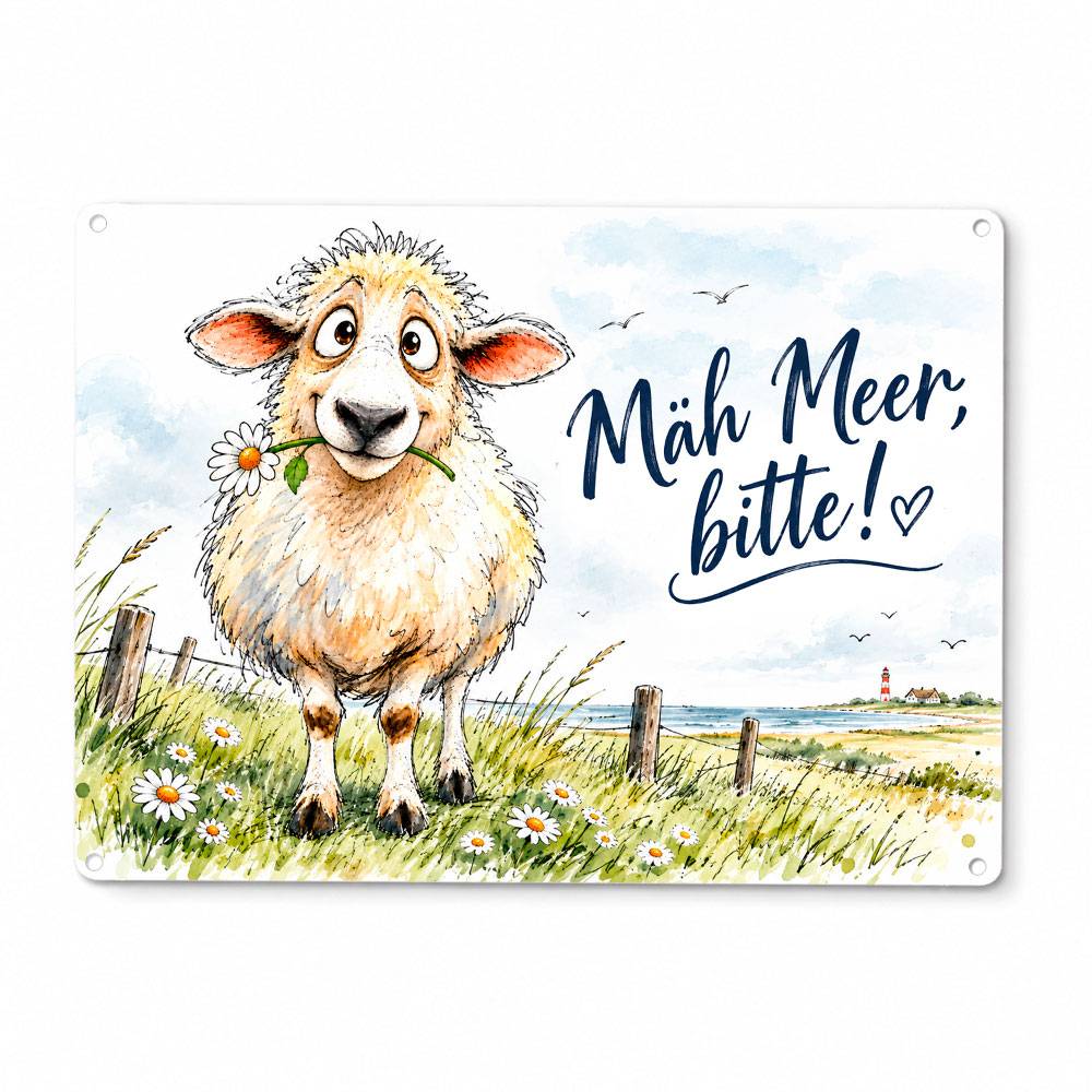 Maritimes Dekoschild 'Mäh Meer, bitte!' mit Schaf | Aluminium, 28 x 20 cm Bild 2