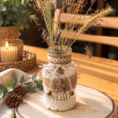 Handgefertigte Glasvase im Boho-Stil | Kleine Vase mit Holzstern | Naturdeko | Tischdeko | Geschenkidee
