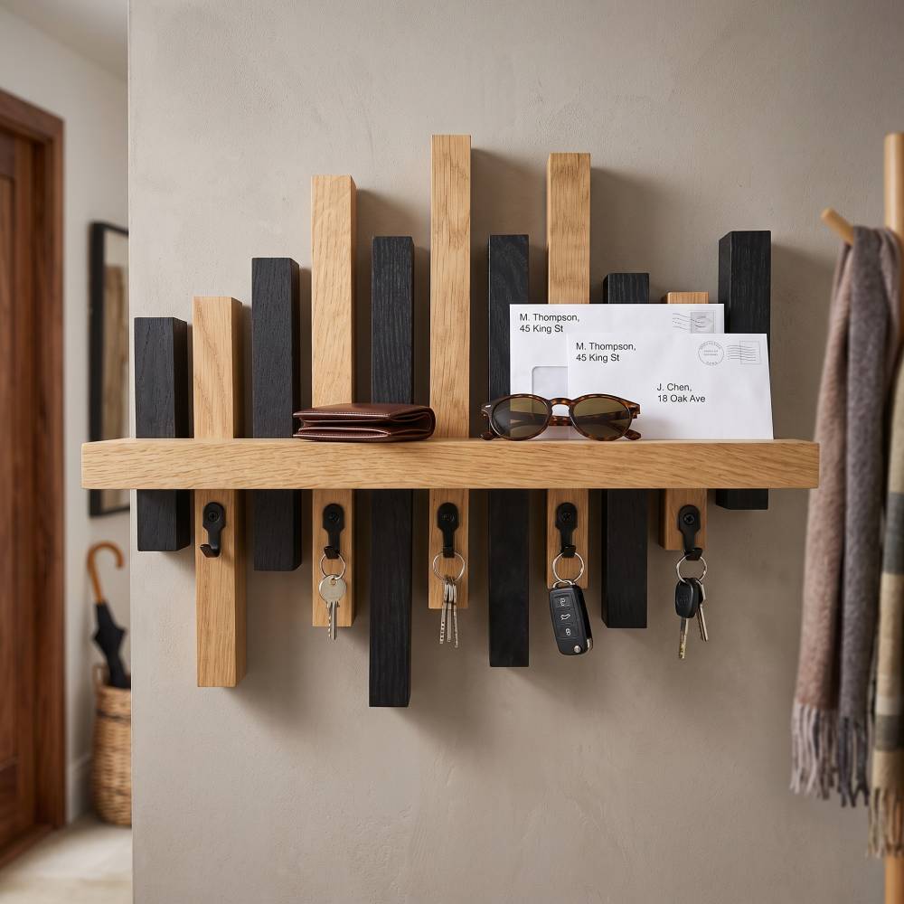 Schlüsselbrett aus Eiche mit Ablage | Holz Schlüsselhalter | Wandorganizer für Flur