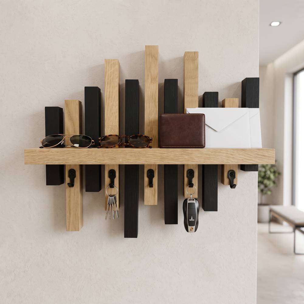 Schlüsselbrett aus Eiche mit Ablage | Holz Schlüsselhalter | Wandorganizer für Flur
