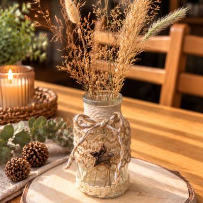 Handgefertigte Glasvase im Boho-Stil | Kleine Vase mit Holzstern | Naturdeko | Tischdeko | Geschenkidee