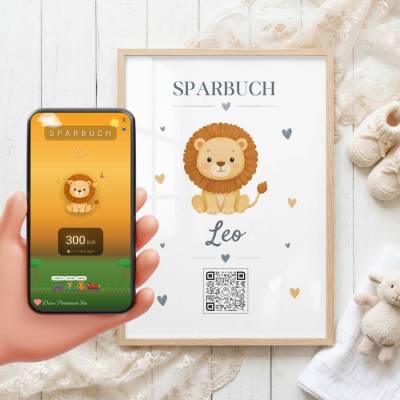 Taufgeschenk Junge – Sparbild mit QR-Code und NFC Option – Löwe im Bilderrahmen