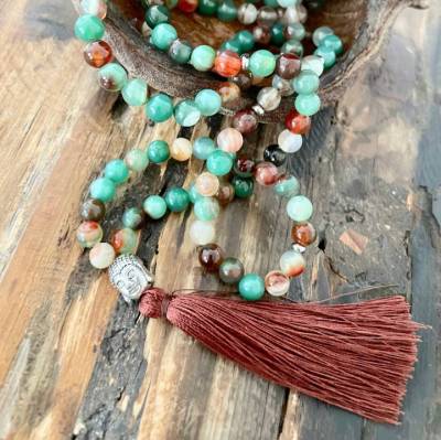 Mala Kette - Achat & Edelstahl, Buddha