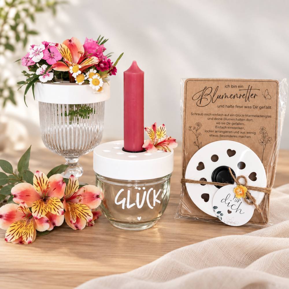 Blumenretter aus Gipskeramik mit Kerzeneinsatz – Blumenhalter für Glück-Marmeladenglas – besondere Geschenkidee