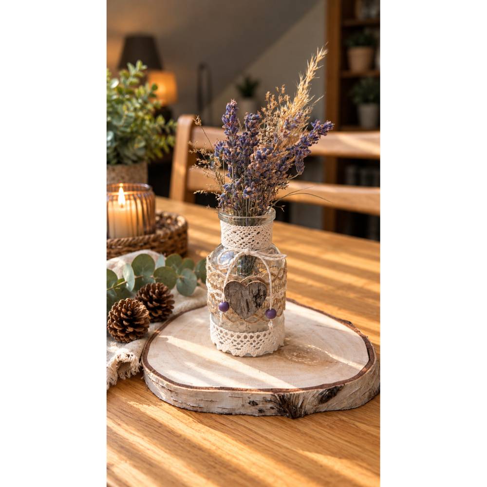Handgefertigte Glasvase im Boho-Stil | Kleine Vase mit Holzstern | Naturdeko | Tischdeko