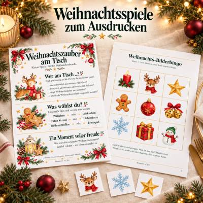 Weihnachtsspiele zum Ausdrucken – Familien-Spieleset mit Bilderbingo & Rätseln | 10 Seiten PDF DIN A4