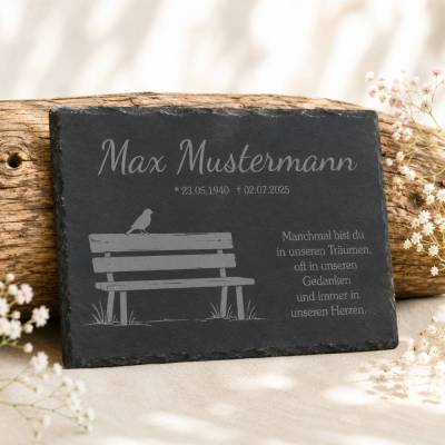 Personalisierte Schiefertafel mit Namen & Datum – Gedenktafel für Grab – Wetterfeste Grabdekoration – Vogel