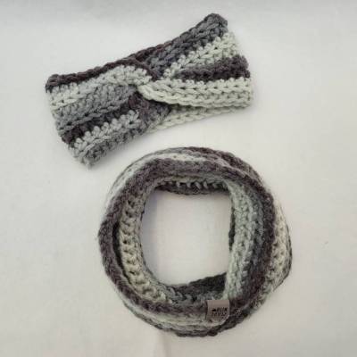 2-teiliges Winter Set Grautönen für Damen Stirnband KU 52–56cm und Halswärmer -dicke Mischwolle (20% Wolle) handgehäkelt