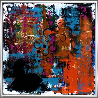 Abstraktes Acrylbild mit Mädchen – Moderne Kunst in Türkis Orange Schwarz | 53 x 53 cm
