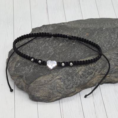 Makramee Armband Herz Silber Schwarz Edelstahl – Handgefertigtes Herzarmband mit Schiebeknoten