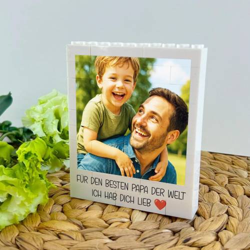 Personalisierter Fotoblock aus Klemmbausteinen für Papa | mit Foto & Wunschtext | Geschenk zum Vatertag