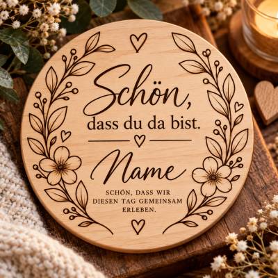 Personalisierter Holzuntersetzer „Schön, dass du da bist“ | Mit Wunschname | Gastgeschenk Hochzeit & Feier