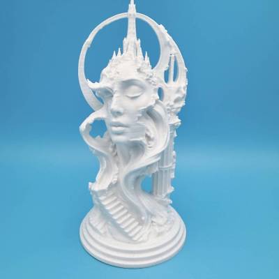 Gesichtsskulptur mit Türmen und Treppe – surreale Fantasy-Deko in Weiß, 16 cm, PLA, 3D-Druck
