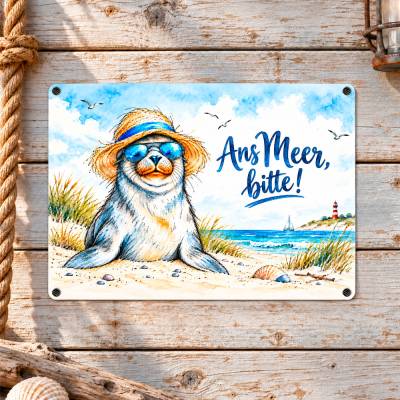 Maritimes Dekoschild 'Ans Meer, bitte!' mit Robbe | Aluminium, 28 x 20 cm