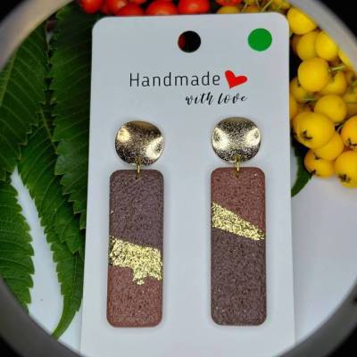 Hängeohrringe braun goldfarben rechteckig Unisex Polymer Clay