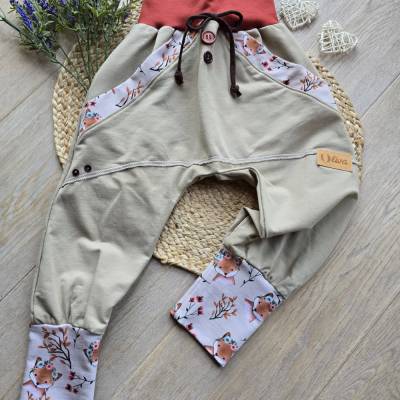 Organic Sweat Kinder Mädchen Pumphose Unikat 104/110 Braun – Handgemachte Mitwachshose Fuchs-Motiv