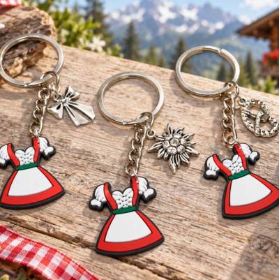 Dirndl-Schlüsselanhänger mit Brezel, Edelweiß oder Schleife für Trachtenfans personalisierbar
