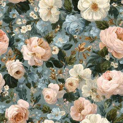 Baumwollstoff mit großen Blumen in Rosé, Creme und Blau – florales Muster auf gedecktem Grünblau