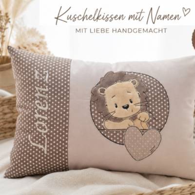 Namenskissen / Geburtskissen personalisierbar mit Name und Geburtsdaten - mit süßer Katze und Wolken in die Daten gestic