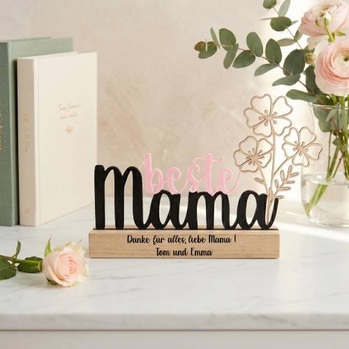 Personalisierter Aufsteller Beste Mama mit Holzblumen | 3D-Druck mit Wunschtext | Geschenk für Mama zum Muttertag