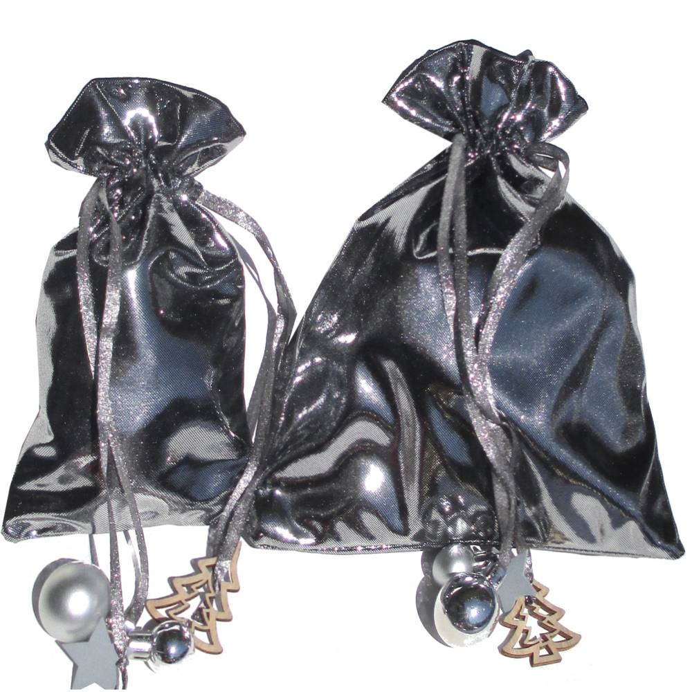 Geschenkbeutel 2er Set Silber – Doppellagige Geschenkverpackung mit Tunnelzug & Deko Bild 3