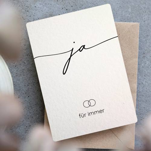 Hochzeitskarte Ja für immer auf Baumwollpapier, moderne Hochzeitskarte in Naturweiß, elegante Karte zur Verlobung, A6