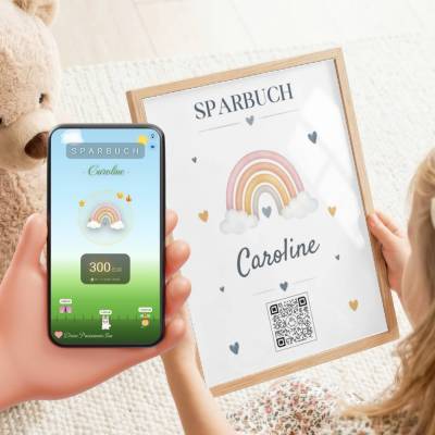 Taufgeschenk Mädchen – Sparbild mit QR-Code und NFC Option – Regenbogen im Bilderrahmen