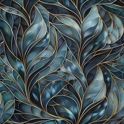 Baumwollstoff in Petrol und Gold – grafische Webware mit elegantem Blättermuster