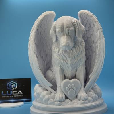 Hunde 3D Druck Schutzengel Gedenkfigur Hund Engelsflügel Pfotenherz Weiß