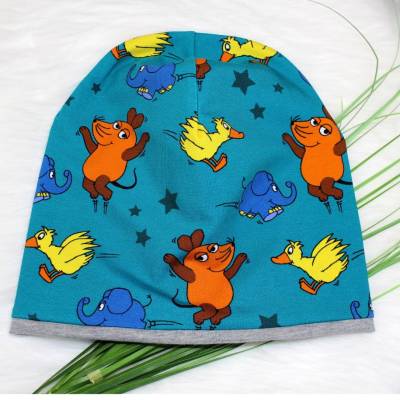 Die Senung mit der Maus | Beanie | Loop | Kindermütze | Mütze | Junge | Mädchen | Elefant | Ente | petrol | hellgrau