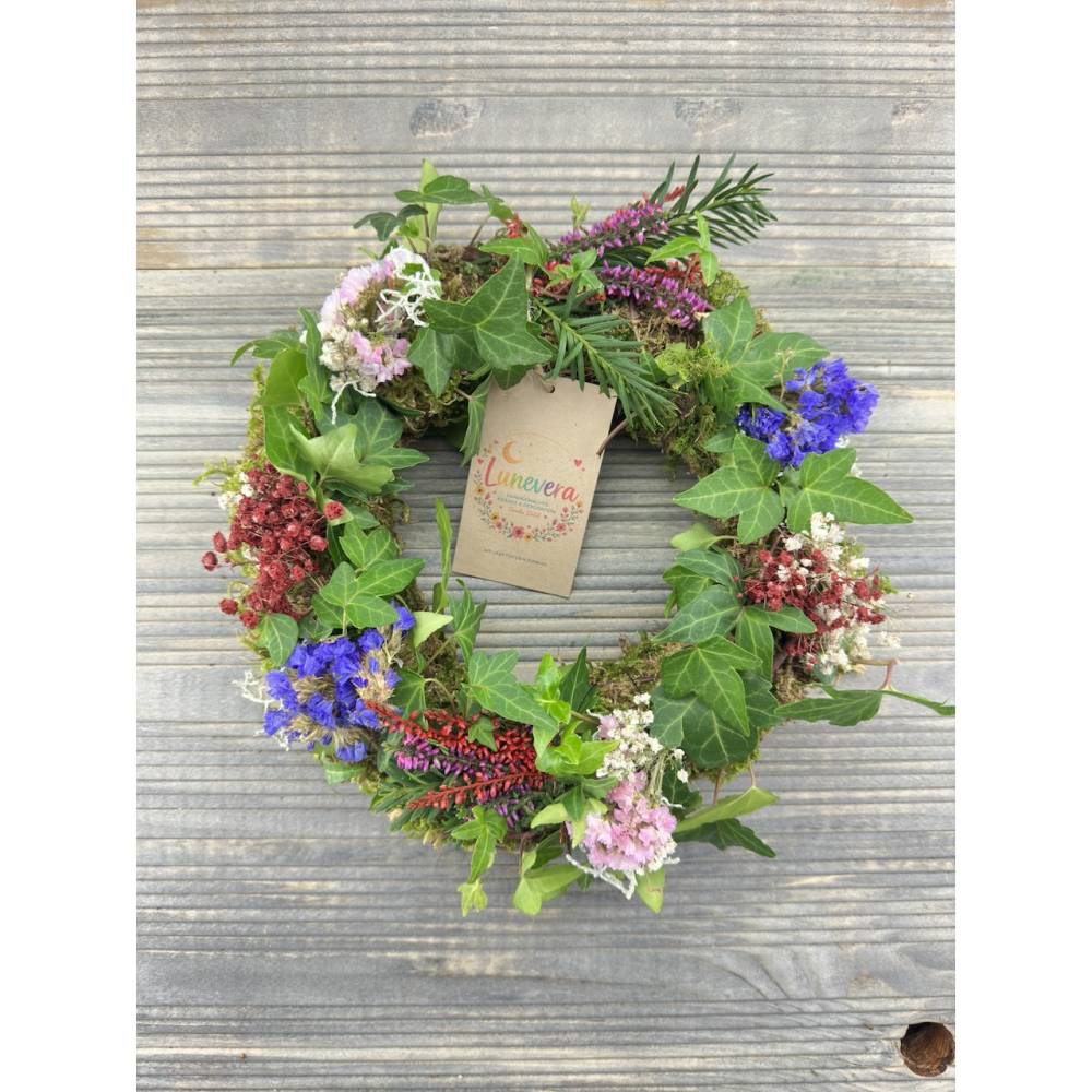 Bunter Naturkranz mit Efeu & Trockenbölumen- Handgebundener Türkranz/ herbstlicher Wandkranz im Landhausstil