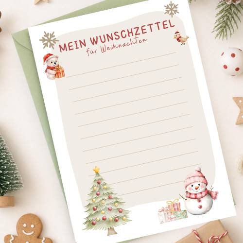 Wunschzettel Weihnachten PDF zum Ausdrucken, Weihnachtswunschliste Kinder, Brief an den Weihnachtsmann oder Christkind