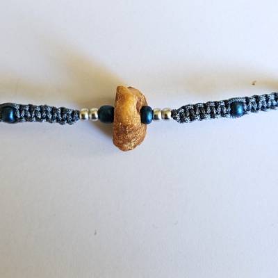 Makramee-Armband mit Hühnergott, petrolblau & silber, handgemacht, Unikat