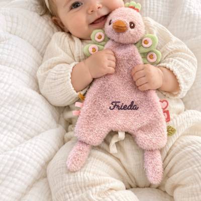 Personalisiertes Pfauen Schmusetuch - Schnuffeltuch mit Namen - schnullertuch baby - Mädchengeschenk - Taufe - Geburt